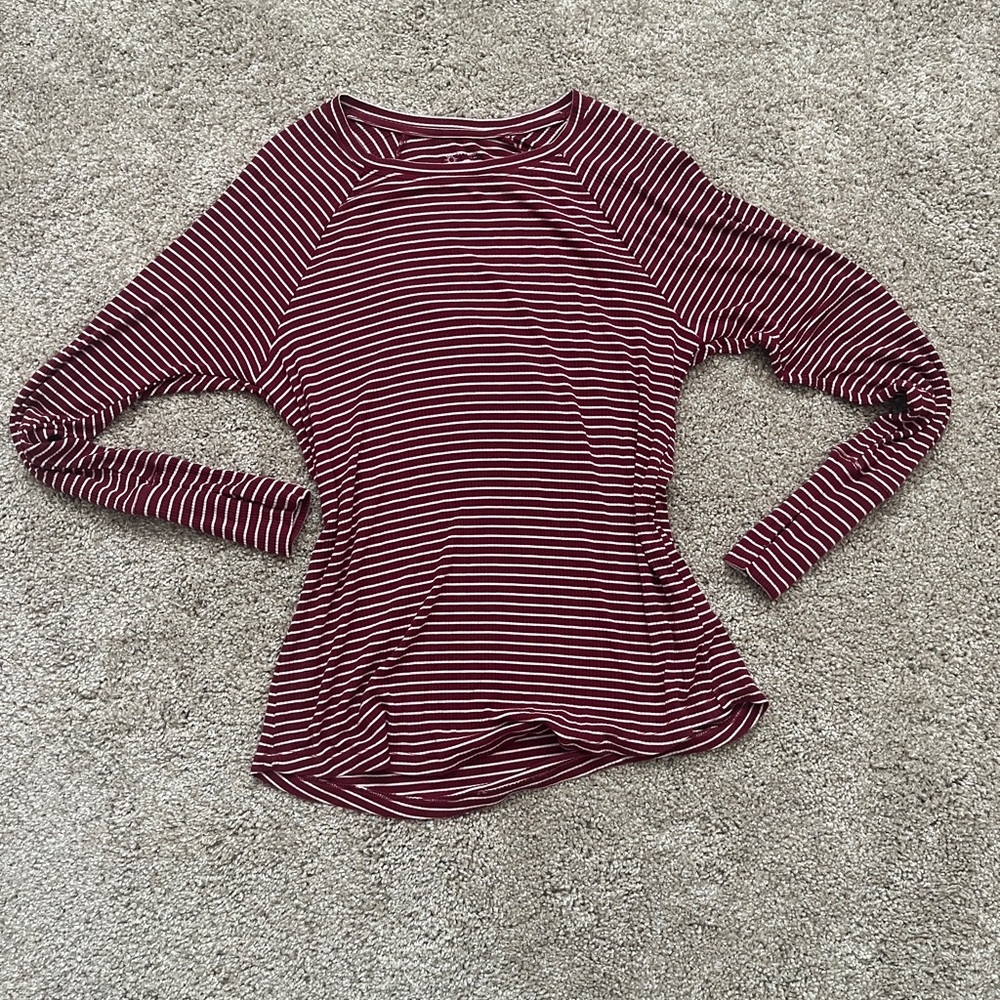 aerie Striped Long-Sleeve Crewneck Top in Burgundy and White